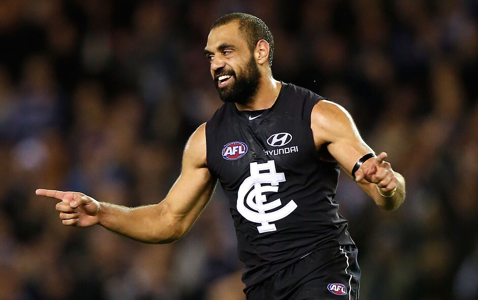 AFL 2015 Rd 13 - Carlton v Gold Coast MELBOURNE, AUSTRALIA - JUNE 28: Chris Yarran of the Blues celebrates a goal during the 2015 AFL round thirteen match between the Carlton Blues and the Gold Coast Suns at Etihad Stadium, Melbourne on June 28, 2015. (Photo by Michael Willson/AFL Media)